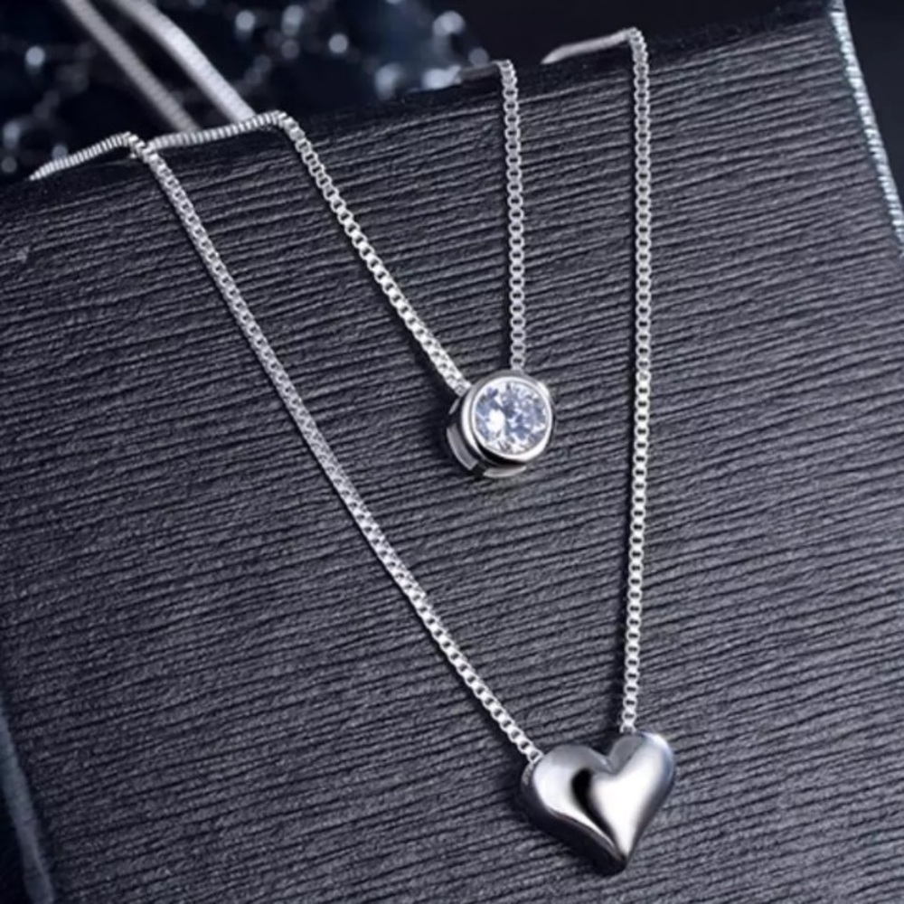 🆕 Layered Silver Heart CZ Fashion Necklace